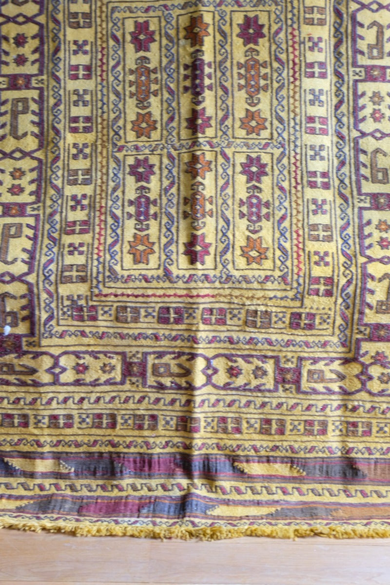 Handwoven Afghan Tribal Suzani Kilim Rug with Embroidered Geometric Patterns in Mustard Yellow and Red