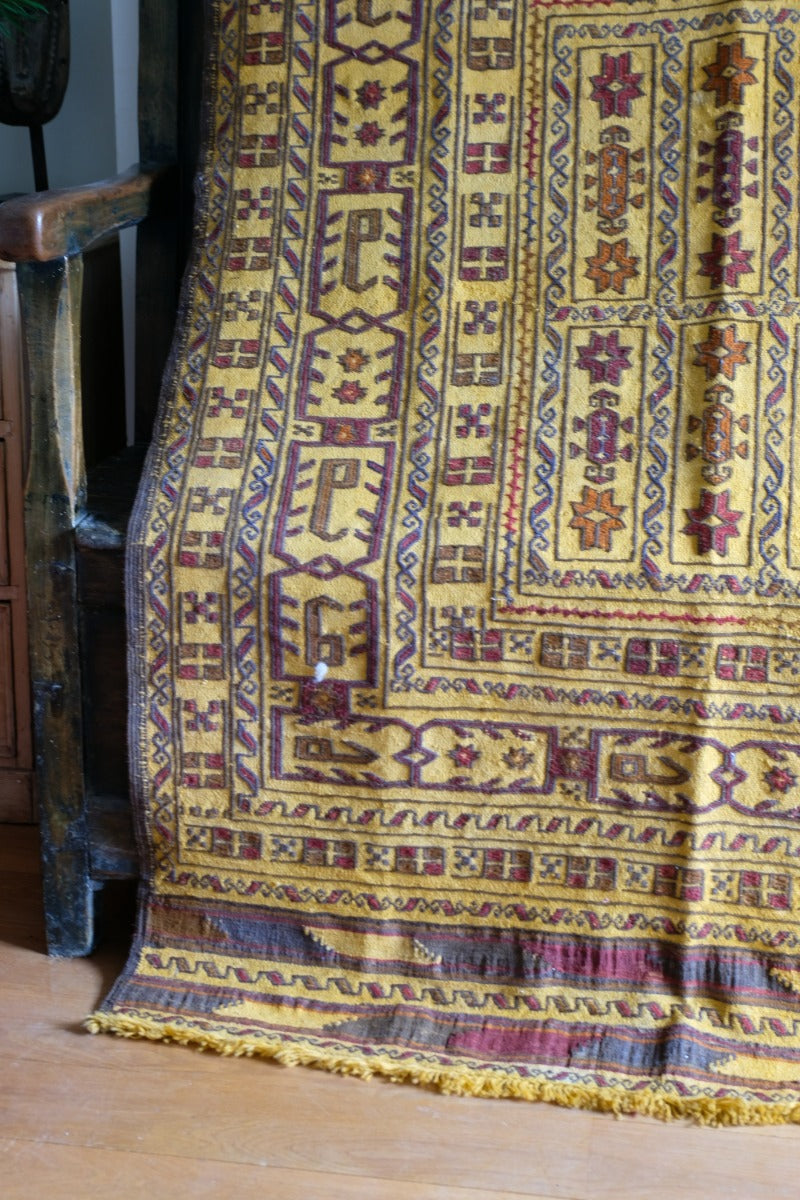 Handwoven Afghan Tribal Suzani Kilim Rug with Embroidered Geometric Patterns in Mustard Yellow and Red