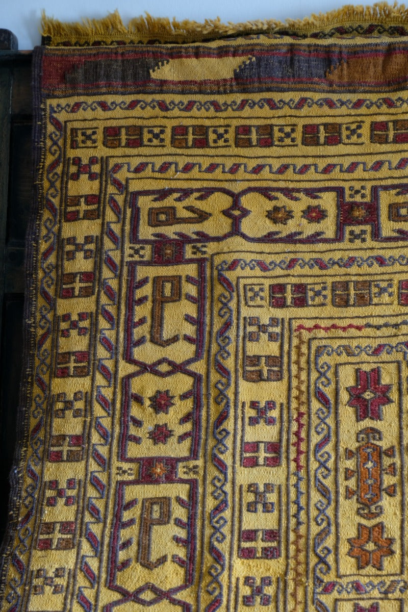Handwoven Afghan Tribal Suzani Kilim Rug with Embroidered Geometric Patterns in Mustard Yellow and Red