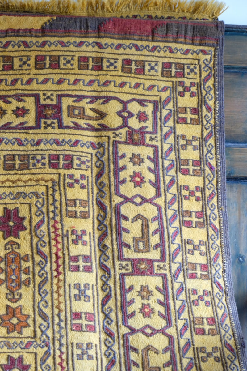 Handwoven Afghan Tribal Suzani Kilim Rug with Embroidered Geometric Patterns in Mustard Yellow and Red