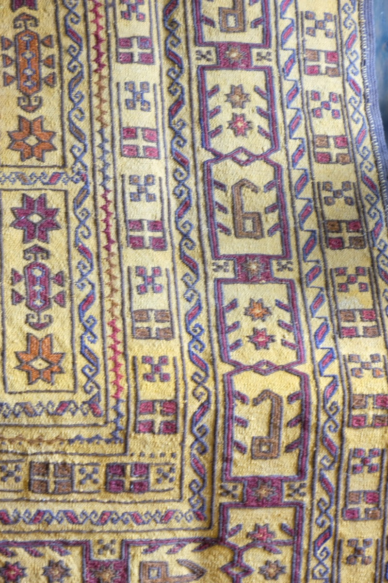 Handwoven Afghan Tribal Suzani Kilim Rug with Embroidered Geometric Patterns in Mustard Yellow and Red