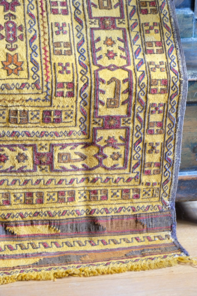 Handwoven Afghan Tribal Suzani Kilim Rug with Embroidered Geometric Patterns in Mustard Yellow and Red
