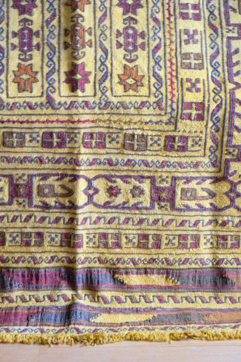 Handwoven Afghan Tribal Suzani Kilim Rug with Embroidered Geometric Patterns in Mustard Yellow and Red