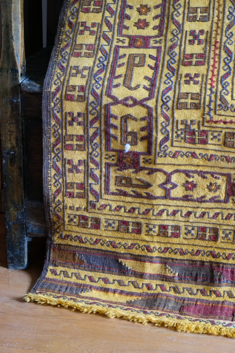 Handwoven Afghan Tribal Suzani Kilim Rug with Embroidered Geometric Patterns in Mustard Yellow and Red