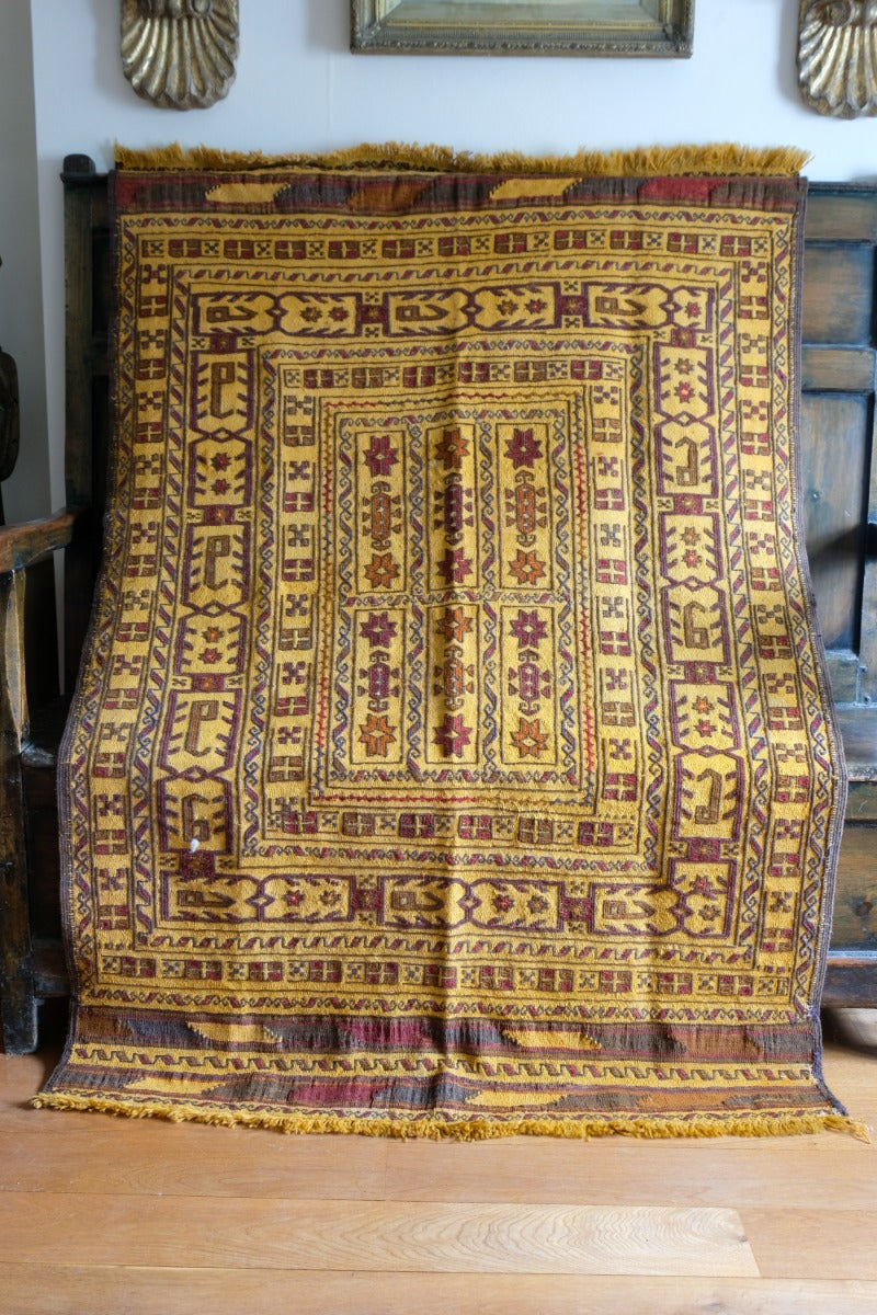 Handwoven Afghan Tribal Suzani Kilim Rug with Embroidered Geometric Patterns in Mustard Yellow and Red