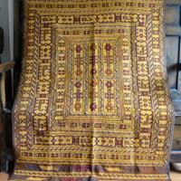 Handwoven Afghan Tribal Suzani Kilim Rug with Embroidered Geometric Patterns in Mustard Yellow and Red