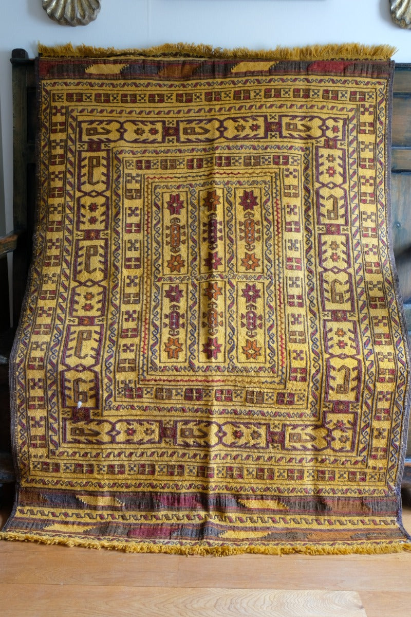 Handwoven Afghan Tribal Suzani Kilim Rug with Embroidered Geometric Patterns in Mustard Yellow and Red