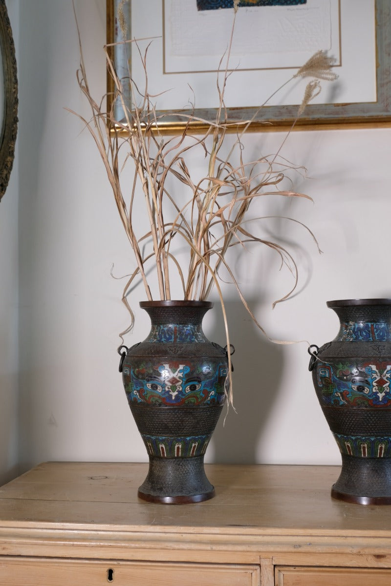 Chinese Enamel Bronze Vases with Dragons and Ring Handles pair