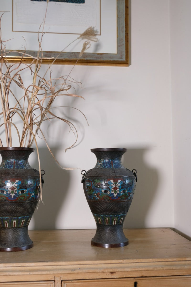 Chinese Enamel Bronze Vases with Dragons and Ring Handles pair