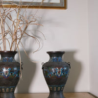 Chinese Enamel Bronze Vases with Dragons and Ring Handles pair