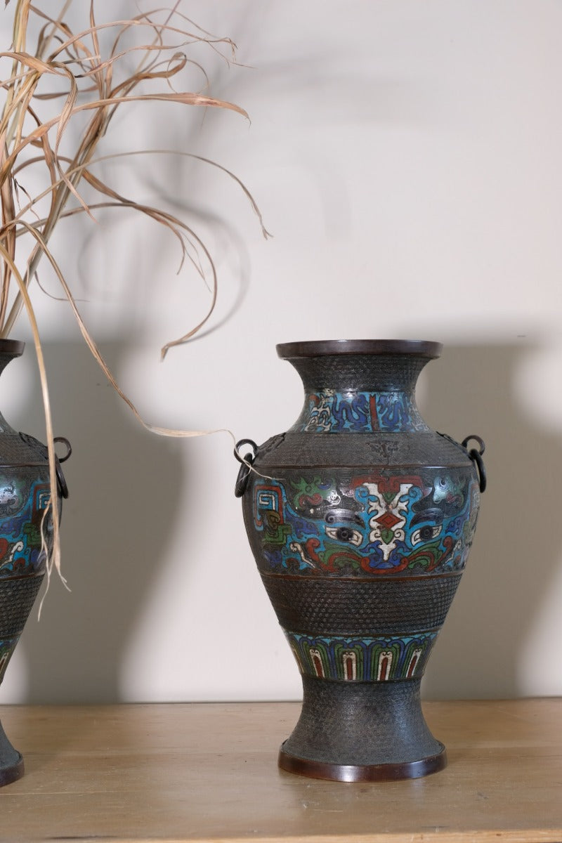 Chinese Enamel Bronze Vases with Dragons and Ring Handles pair