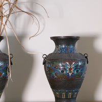 Chinese Enamel Bronze Vases with Dragons and Ring Handles pair