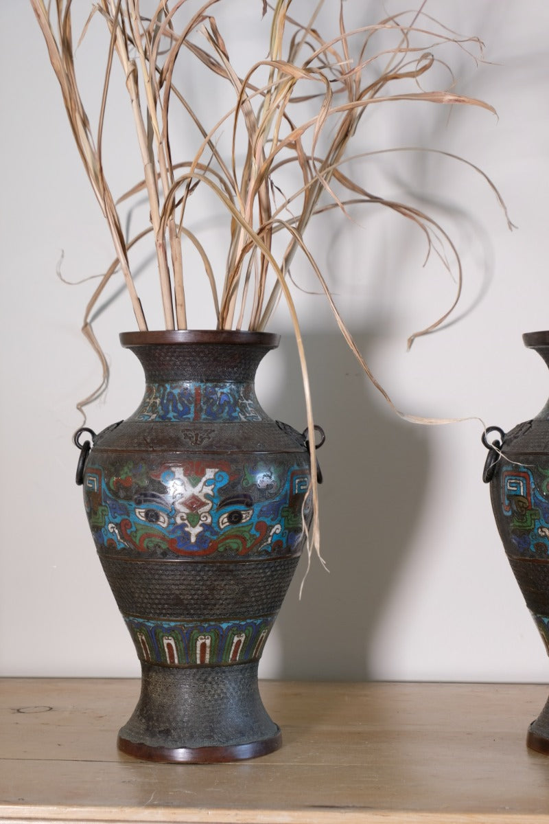 Chinese Enamel Bronze Vases with Dragons and Ring Handles pair