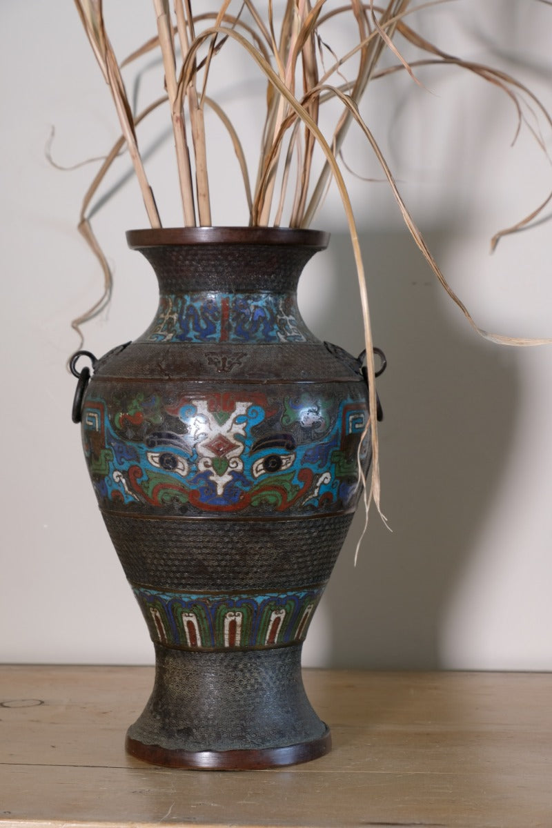 Chinese Enamel Bronze Vases with Dragons and Ring Handles pair