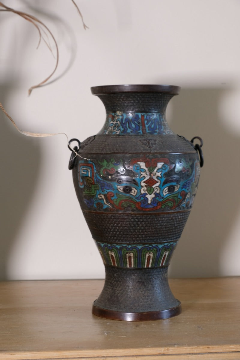 Chinese Enamel Bronze Vases with Dragons and Ring Handles pair