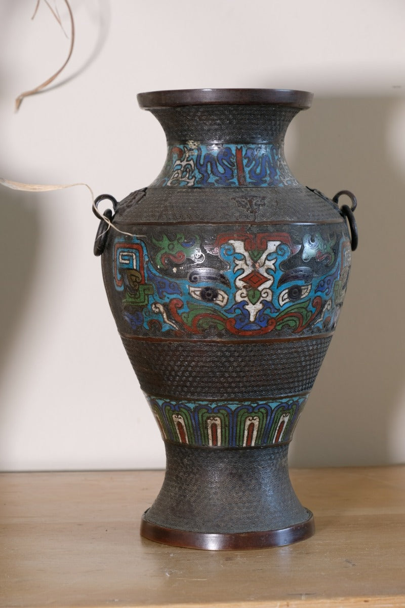 Chinese Enamel Bronze Vases with Dragons and Ring Handles pair