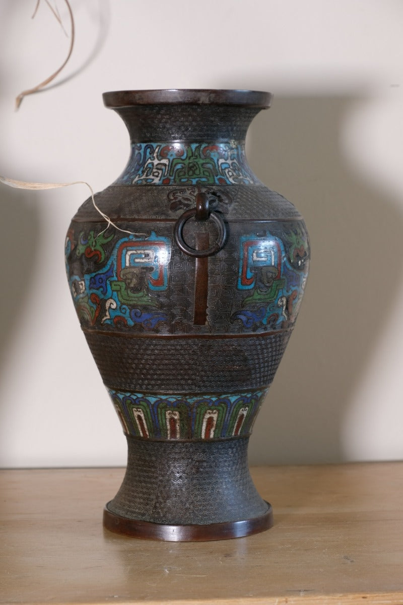 Chinese Enamel Bronze Vases with Dragons and Ring Handles pair