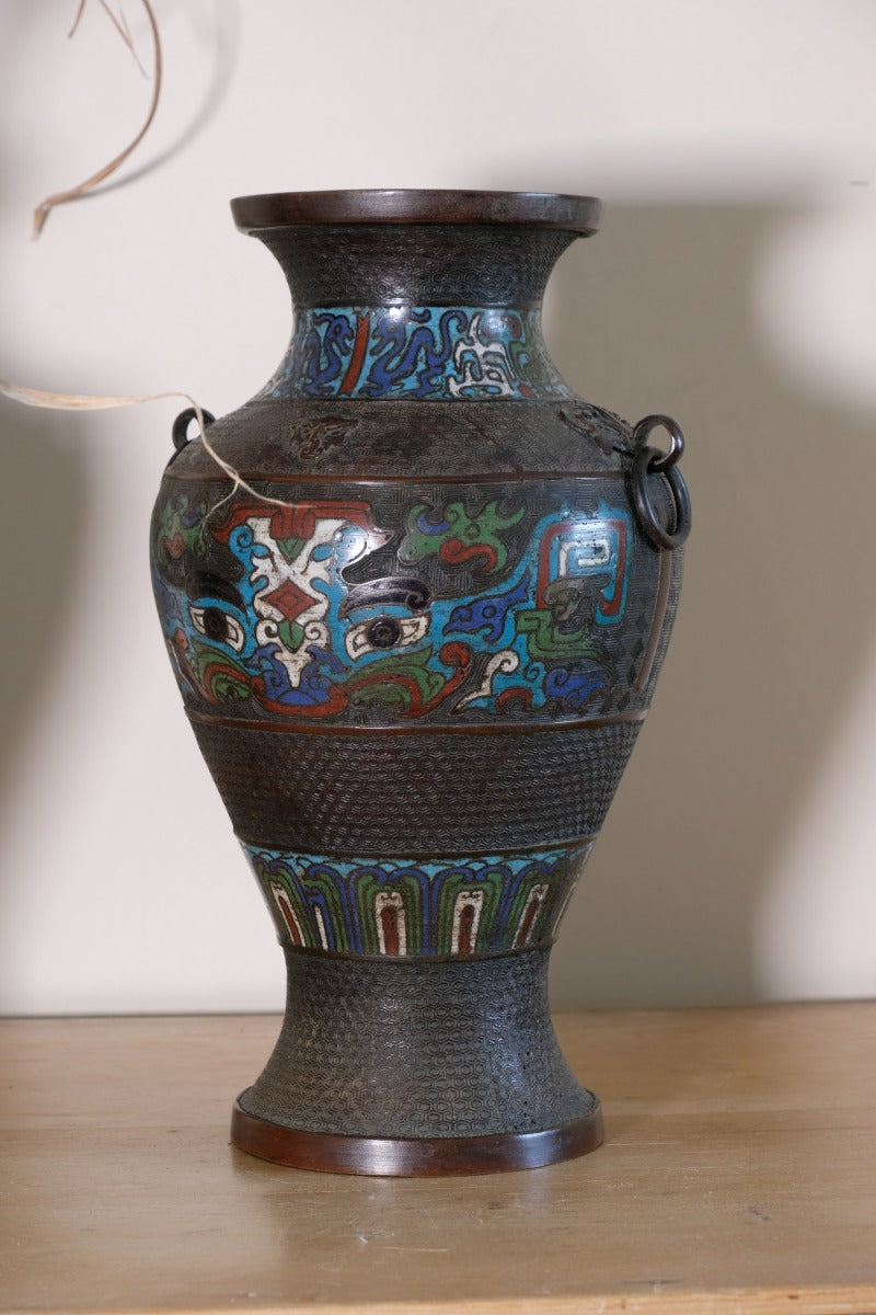 Chinese Enamel Bronze Vases with Dragons and Ring Handles pair
