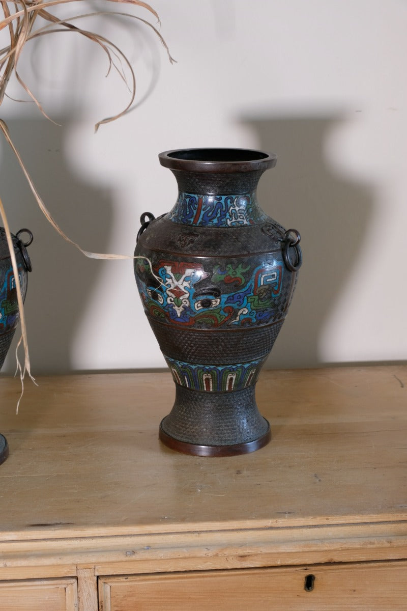 Chinese Enamel Bronze Vases with Dragons and Ring Handles pair