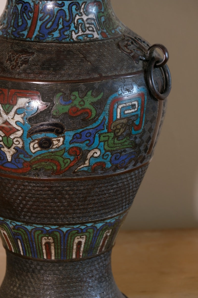 Chinese Enamel Bronze Vases with Dragons and Ring Handles pair
