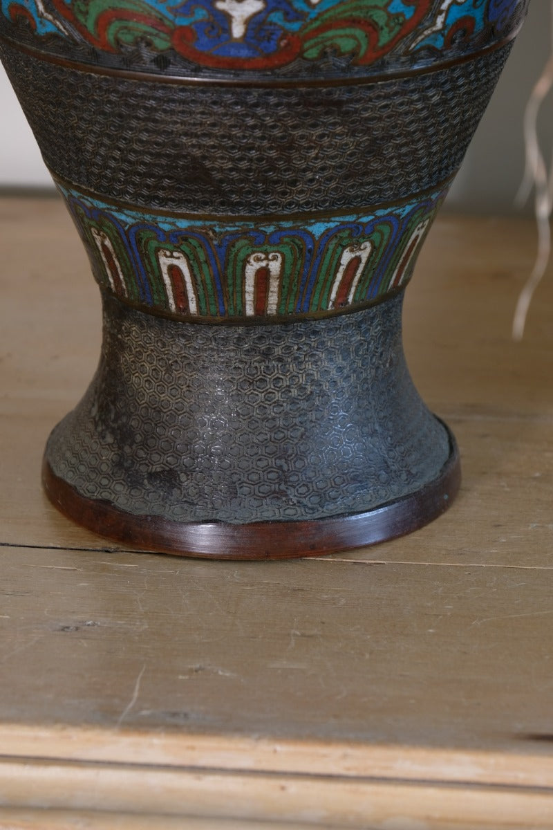 Chinese Enamel Bronze Vases with Dragons and Ring Handles pair