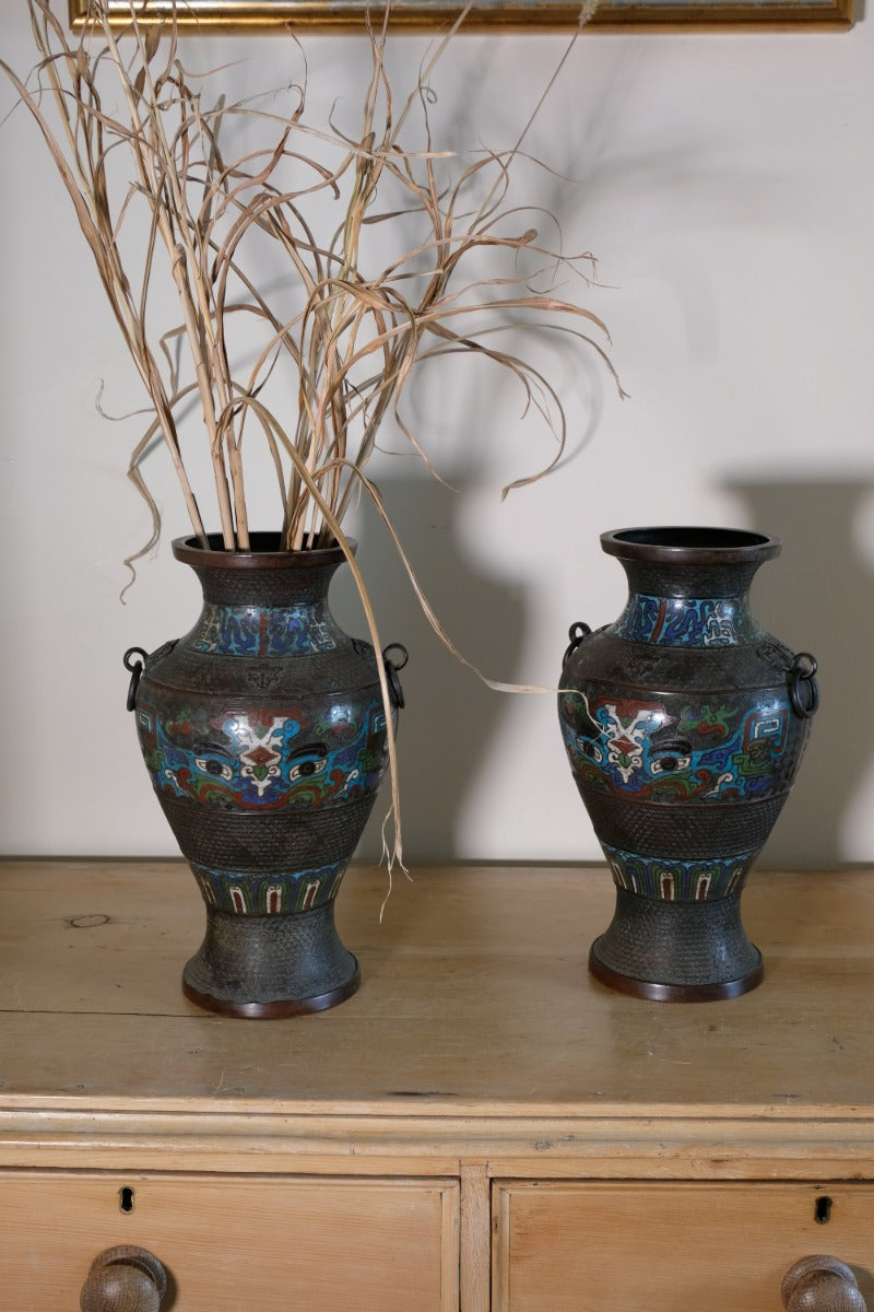 Chinese Enamel Bronze Vases with Dragons and Ring Handles pair