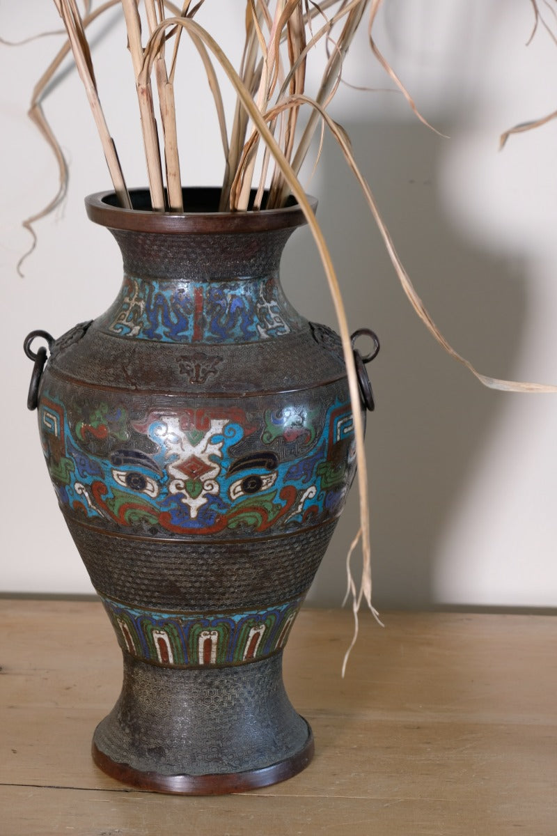 Chinese Enamel Bronze Vases with Dragons and Ring Handles pair