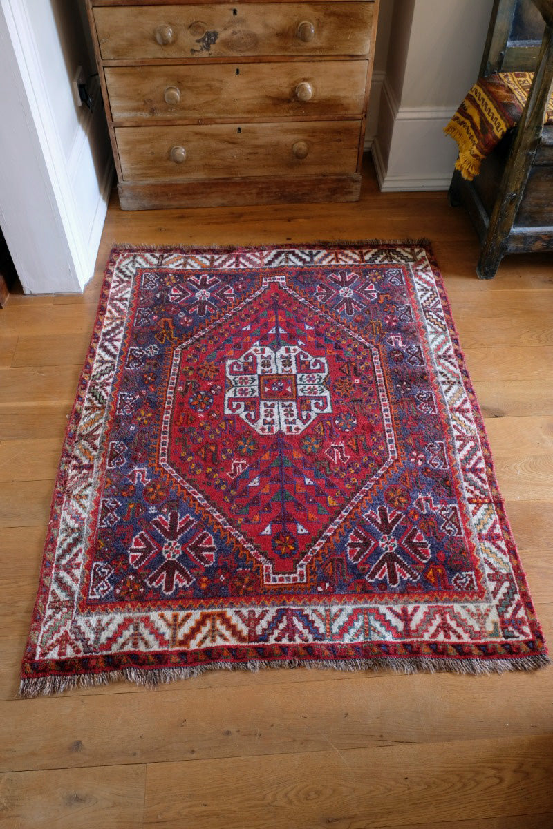Handwoven Persian Shiraz rug stylized animals flowers