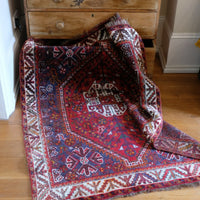 Persian Shiraz Wool Rug – Deep Red Ground with Tribal Motifs
