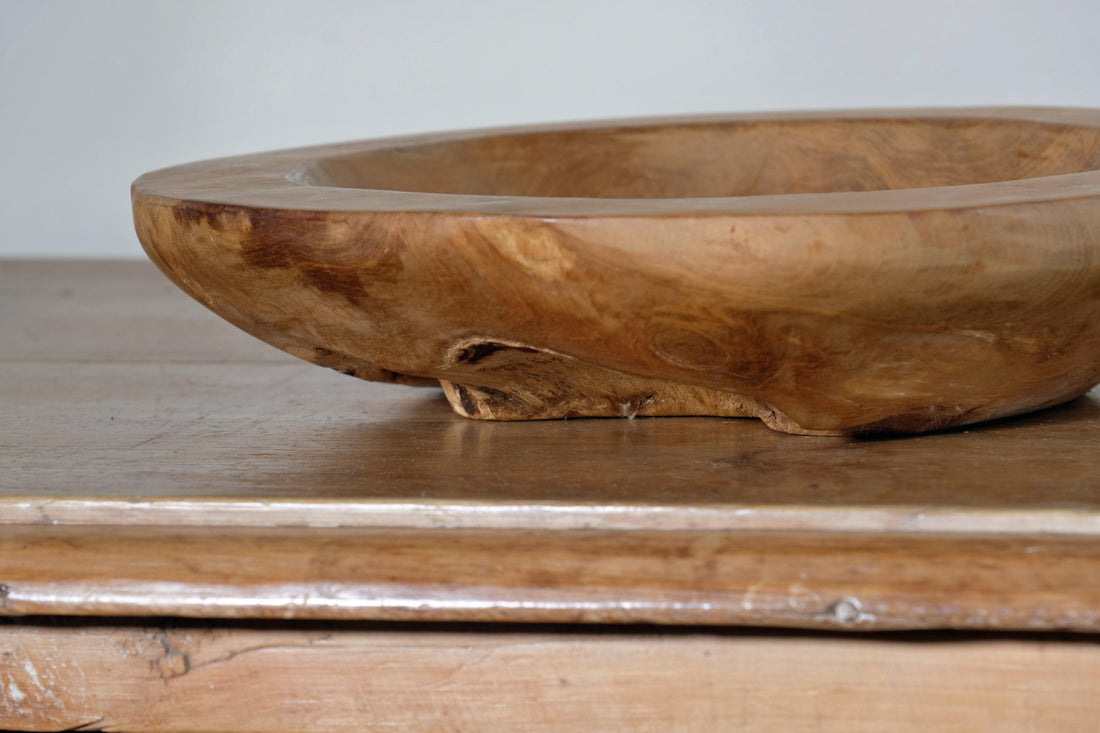 Hand turned burr oak bowl with shallow profile