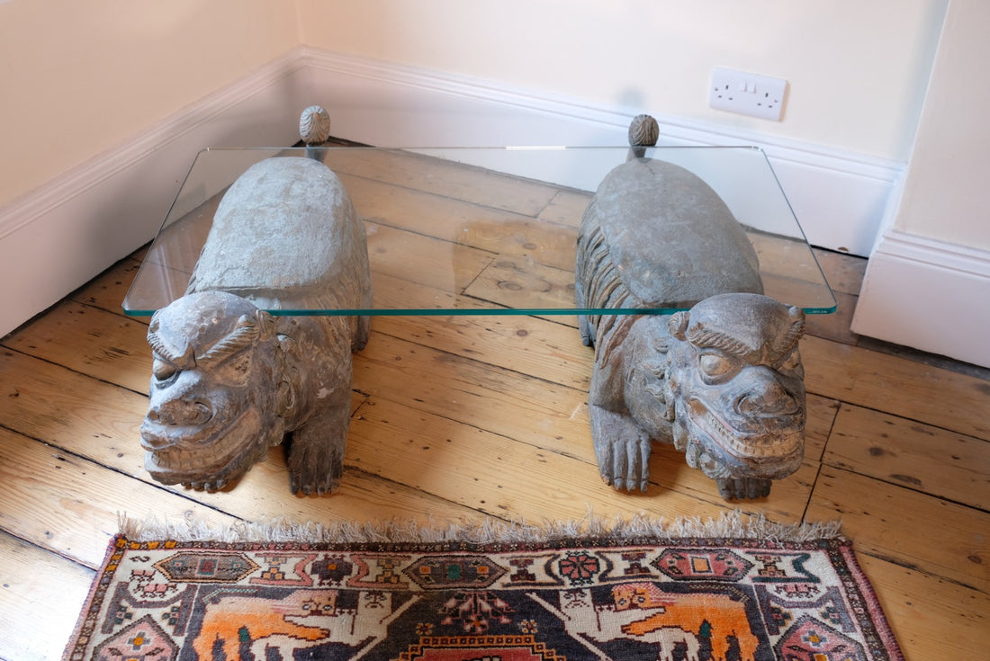 Foo Dogs carved polychrome table - Chinese guardian lion coffee table
