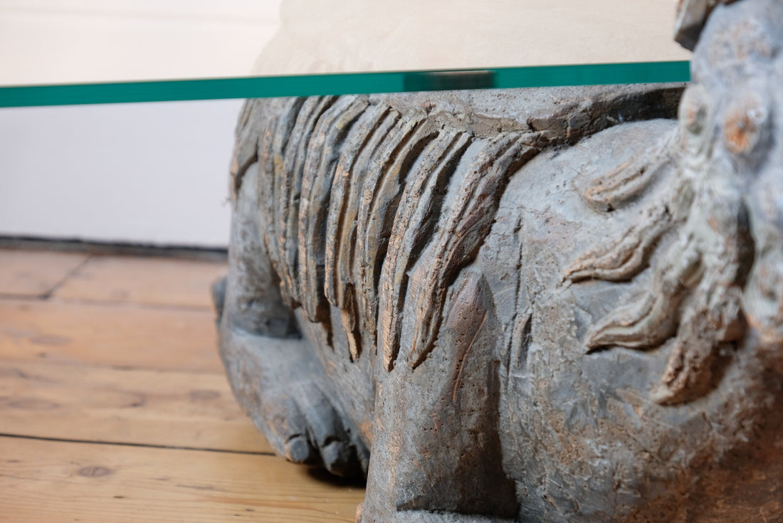 Foo Dogs carved polychrome table - Chinese guardian lion coffee table