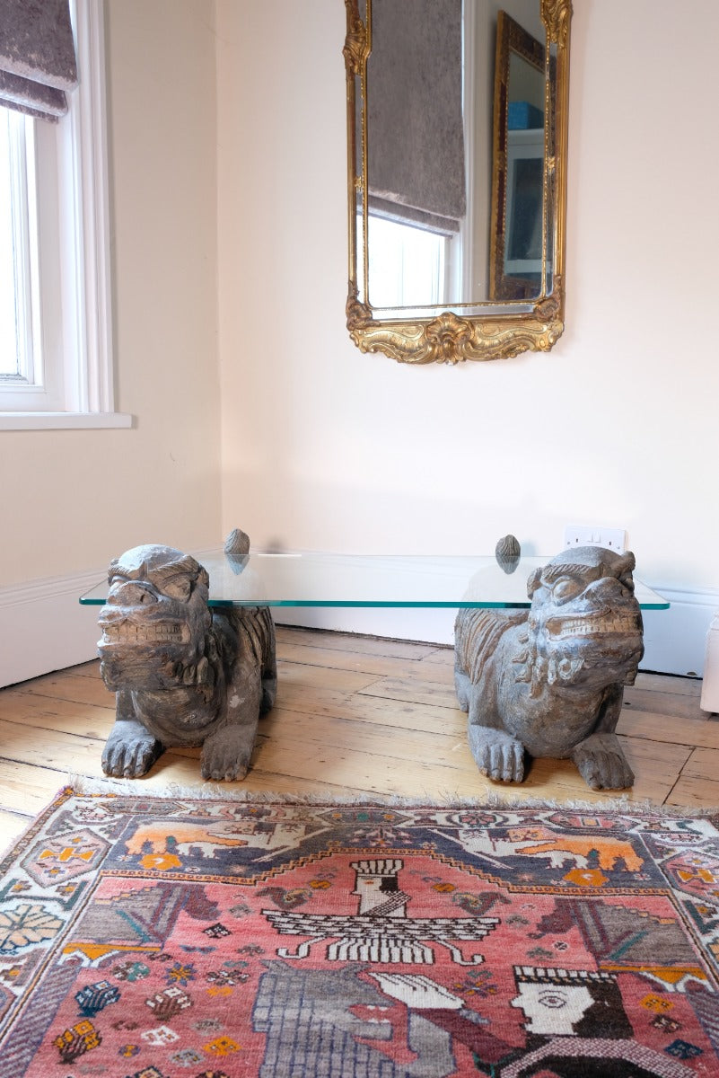 Foo Dogs carved polychrome table - Chinese guardian lion coffee table