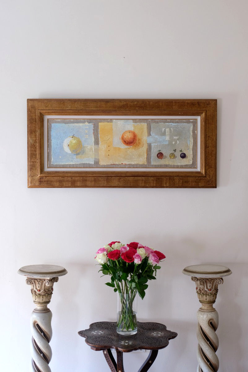Triptych oil on canvas fruit painting by Frederique Ferron showing unfinished abstract panels