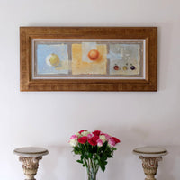 Triptych oil on canvas fruit painting by Frederique Ferron showing unfinished abstract panels