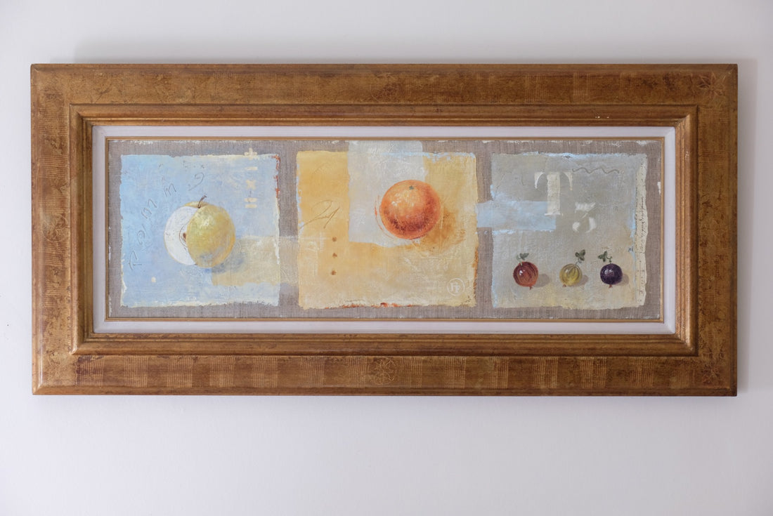 Triptych oil on canvas fruit painting by Frederique Ferron showing unfinished abstract panels
