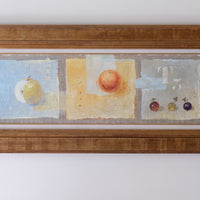 Triptych oil on canvas fruit painting by Frederique Ferron showing unfinished abstract panels