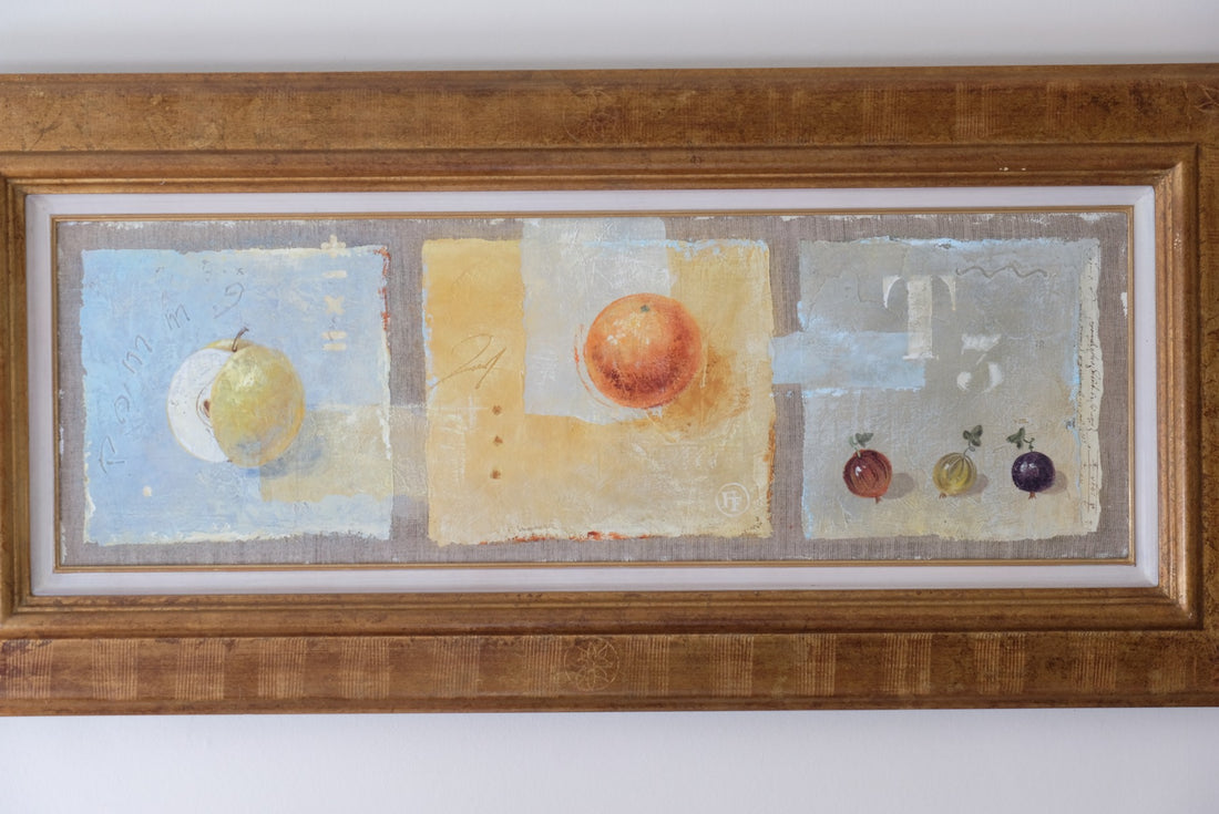 Triptych oil on canvas fruit painting by Frederique Ferron showing unfinished abstract panels