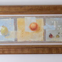 Triptych oil on canvas fruit painting by Frederique Ferron showing unfinished abstract panels