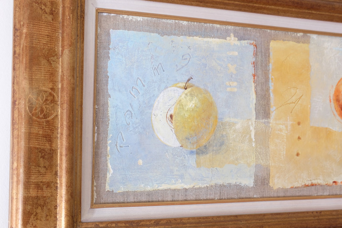 Triptych oil on canvas fruit painting by Frederique Ferron showing unfinished abstract panels