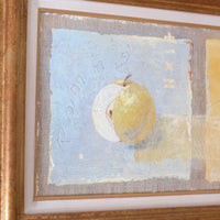 Triptych oil on canvas fruit painting by Frederique Ferron showing unfinished abstract panels