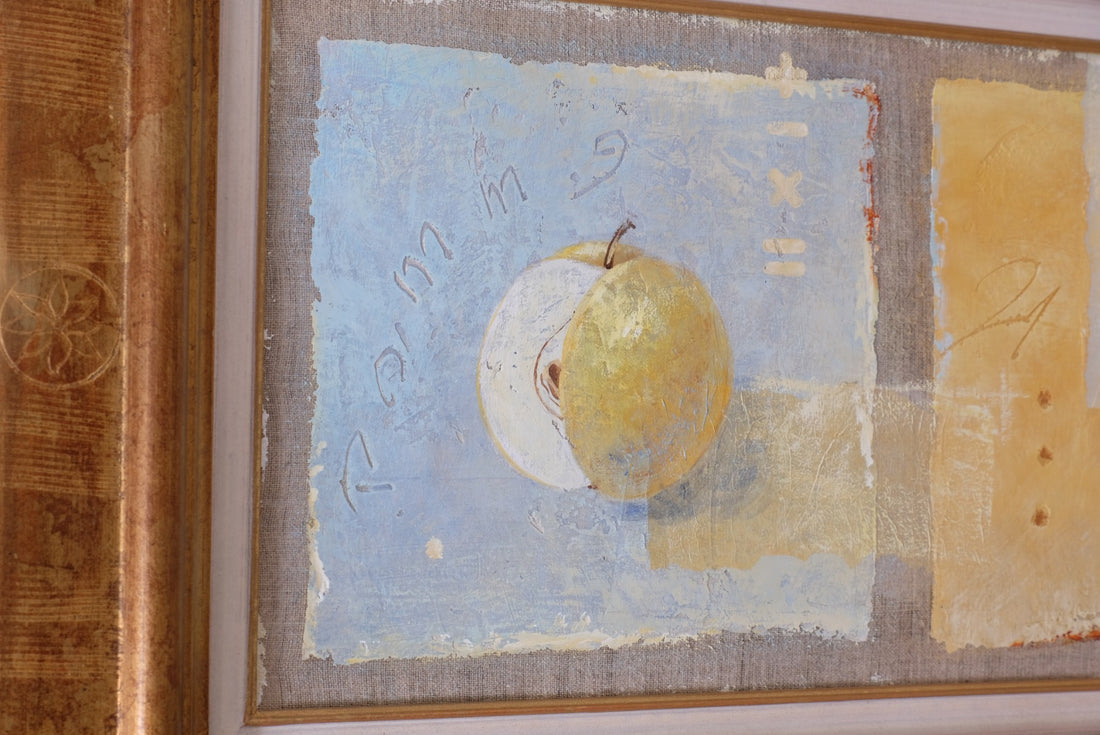 Triptych oil on canvas fruit painting by Frederique Ferron showing unfinished abstract panels