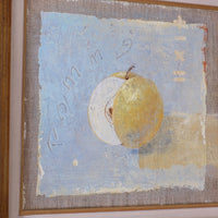 Triptych oil on canvas fruit painting by Frederique Ferron showing unfinished abstract panels