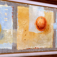 Triptych oil on canvas fruit painting by Frederique Ferron showing unfinished abstract panels