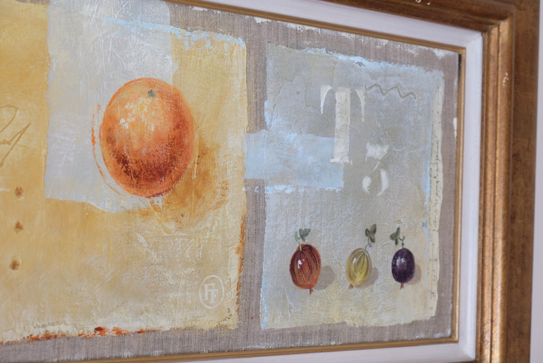 Triptych oil on canvas fruit painting by Frederique Ferron showing unfinished abstract panels