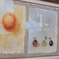 Triptych oil on canvas fruit painting by Frederique Ferron showing unfinished abstract panels
