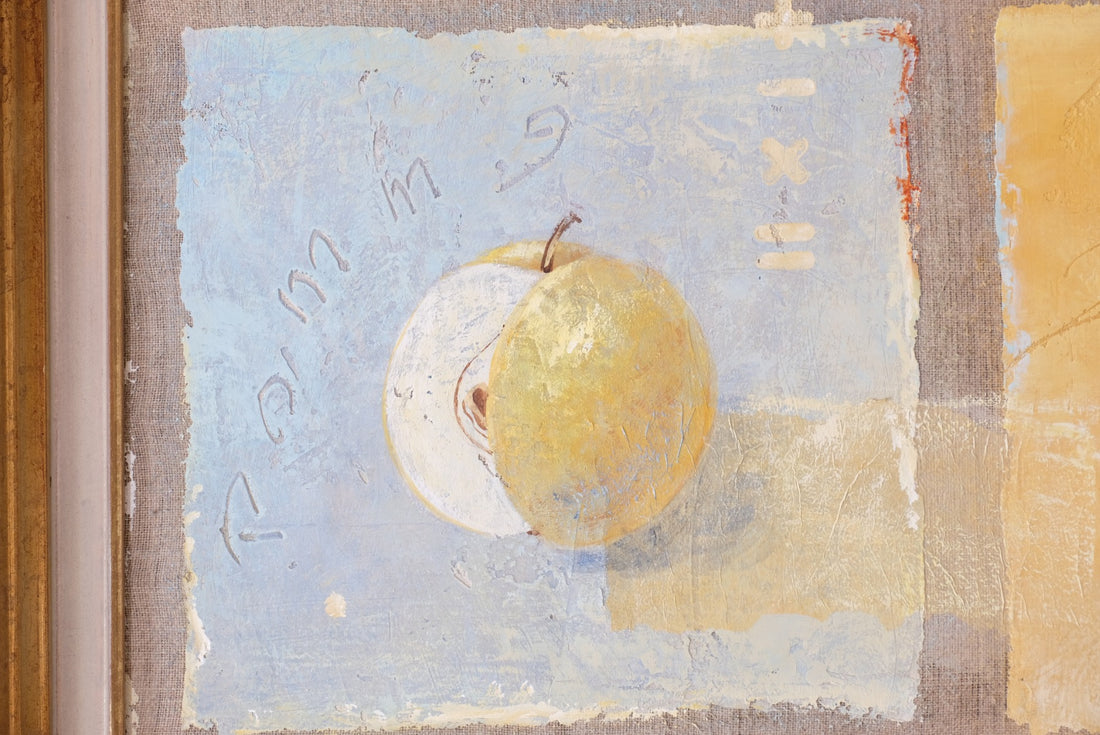 Triptych oil on canvas fruit painting by Frederique Ferron showing unfinished abstract panels