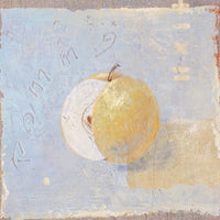 Triptych oil on canvas fruit painting by Frederique Ferron showing unfinished abstract panels