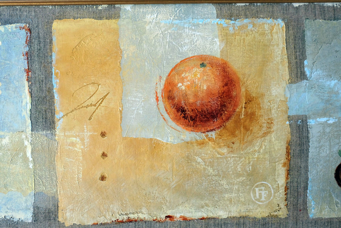 Triptych oil on canvas fruit painting by Frederique Ferron showing unfinished abstract panels