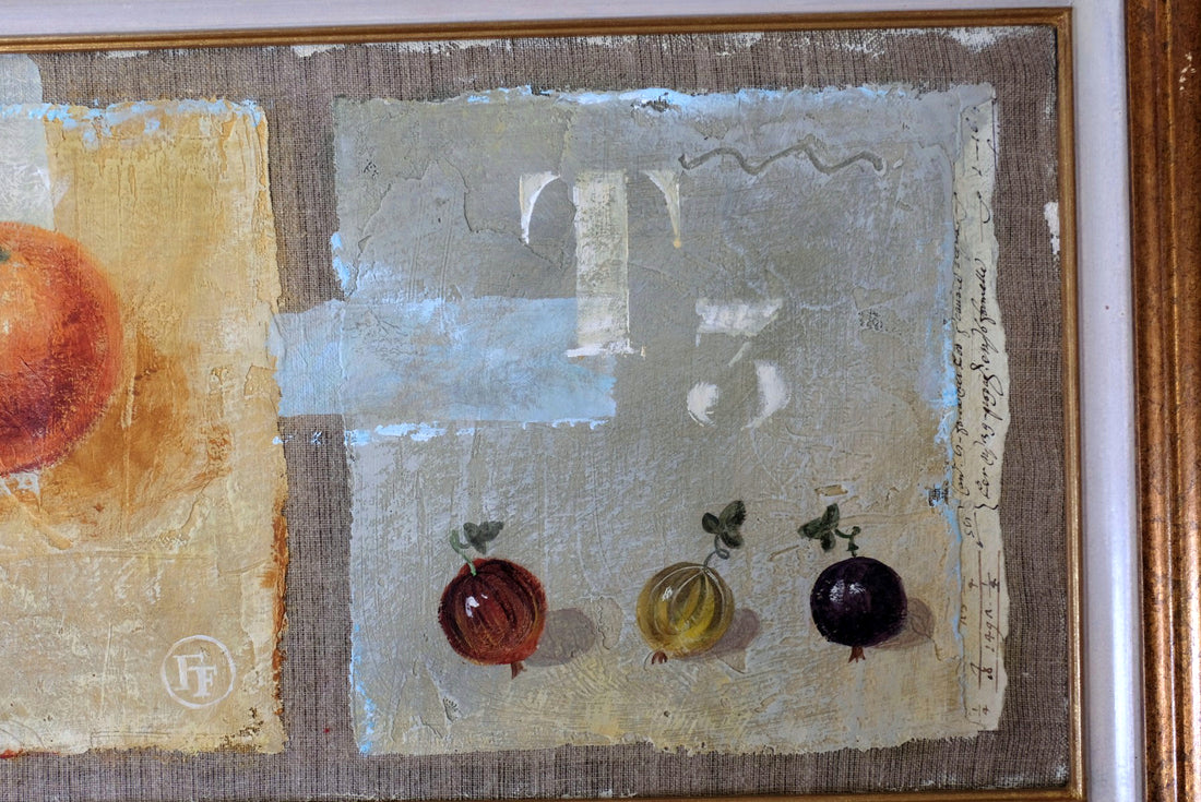 Triptych oil on canvas fruit painting by Frederique Ferron showing unfinished abstract panels